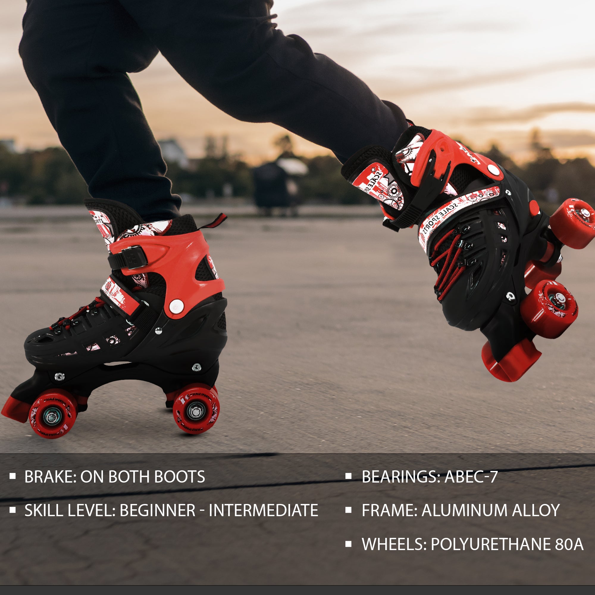 Adjustable Red Quad Roller Skates For Kids Medium Sizes