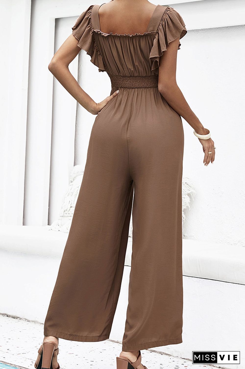 Solid Color Ruffle Long Wide Leg Jumpsuit Wholesale