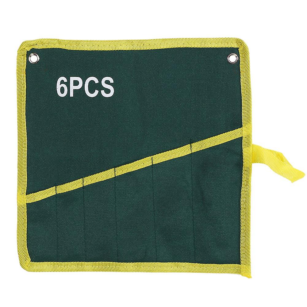 1pc Durable Canvas Spanner Wrench Tool Roll Up Storage Bag Green 6 Pockets