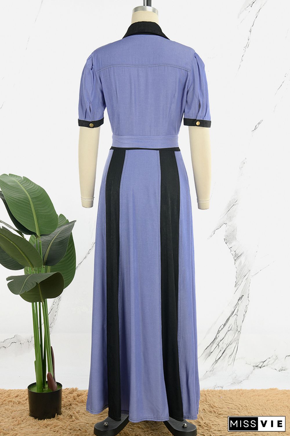 Blue Casual Color Block Bandage Patchwork Pocket Buckle V Neck Long Dress Dresses