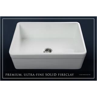 Fossil Blu Luxury White Solid Fireclay 30 in. Single Bowl Farmhouse Apron Kitchen Sink with Stainless Steel Accs and Belted Front WHS1004SS