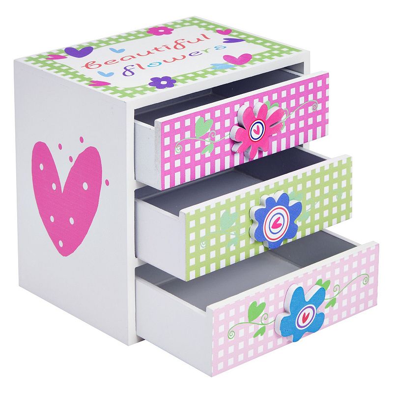 Small Floral Wood Jewelry Box for Girls with 3 Drawers (6 x 4.5 x 6 In)