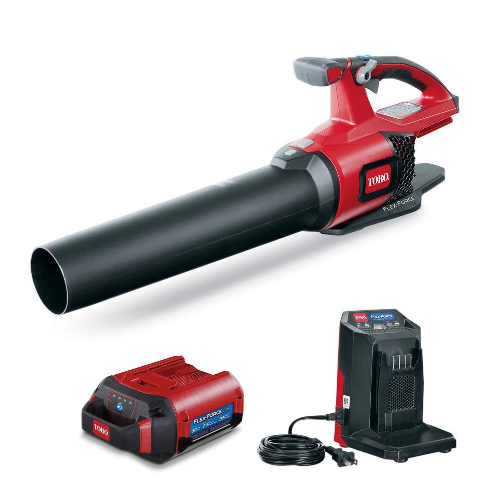 Toro Flex-Force 60V Cordless 2-Tool Combo Kit 21 in. Recycler Walk Behind Lawn Mower  Leaf Blower wCharger  (2) Batteries 66396