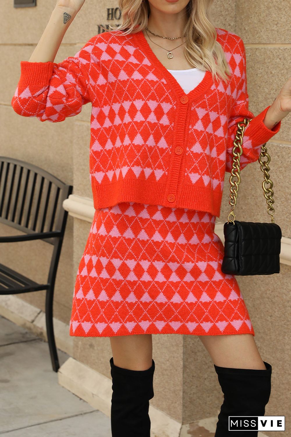 Geometric Knit Button Cardigan With Skirt Two Pieces Dress