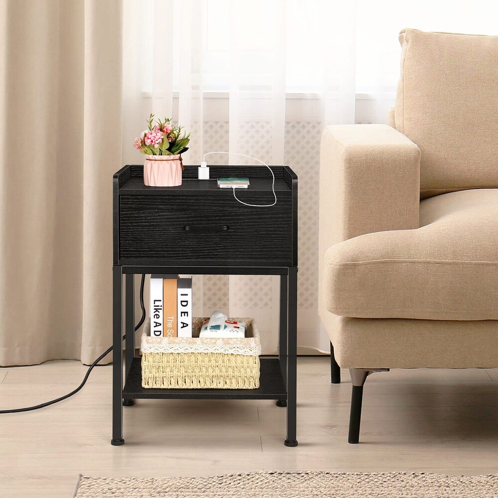 Nightstand with Charging Station and USB Ports  3 Tier Small Bedside Table with Drawer and Storage Shelf Rustic Night Stand