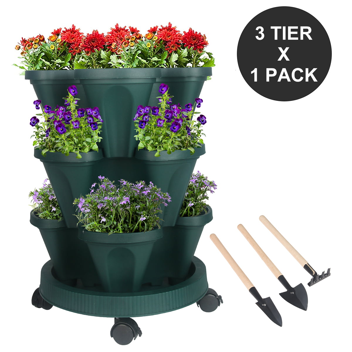 Stacking Flower Pot Tower- Space Saving 3-Tire Indoor Outdoor Vertical Stackable Plastic Herb and Flower Planters - Green