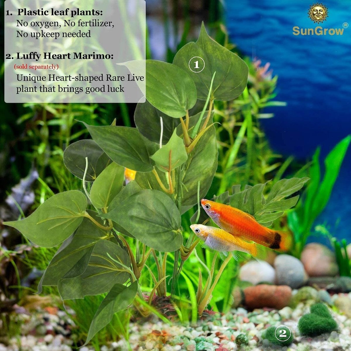 SunGrow Tall and Large Artificial Plastic Leaf Plants for Fish Aquarium Decoration and Reptile Hideout