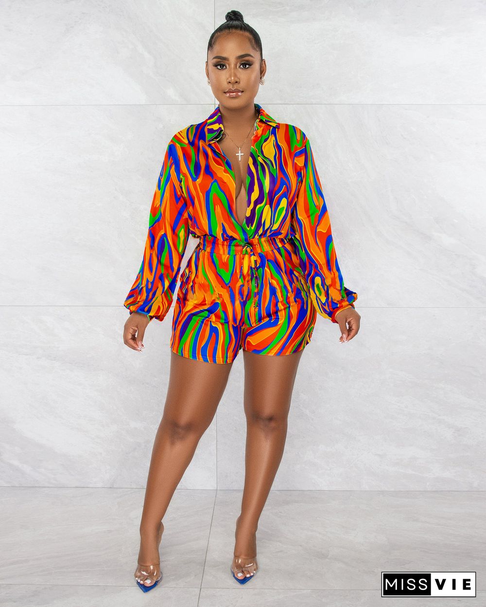 Turn Down Collar Causal Long Sleeve Print Rompers