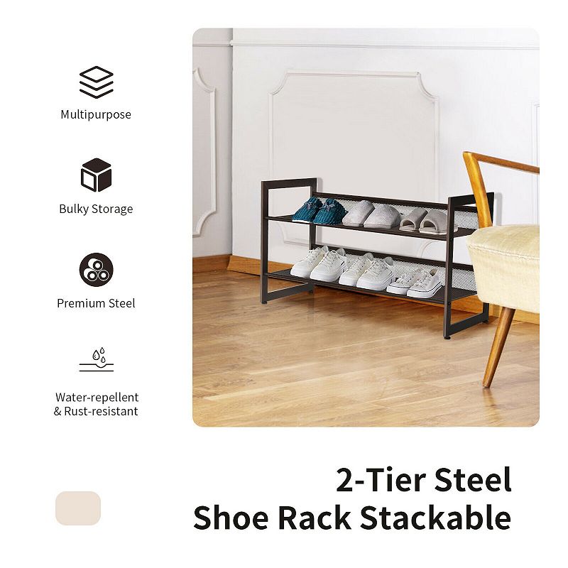 Tiers Flat and Slant Metal Shoe Rack for Entryway Hallway-2-Tier