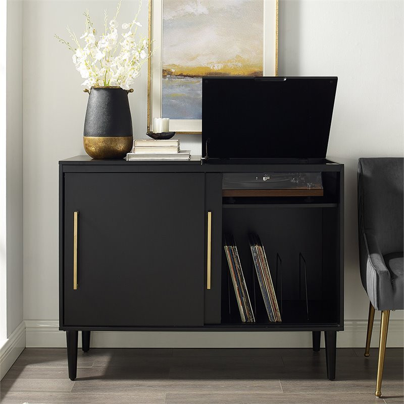 Home Square 2 Piece Solid Wood Media Console Table Set in Matte Black   Midcentury   Console Tables   by Homesquare  Houzz