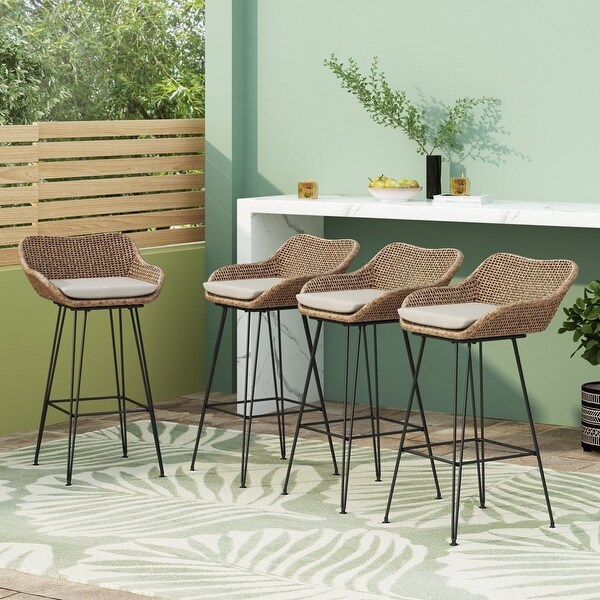 Verano Wicker and Metal Outdoor Barstools with Cushion， Set of 4， Mixed Brown and Beige