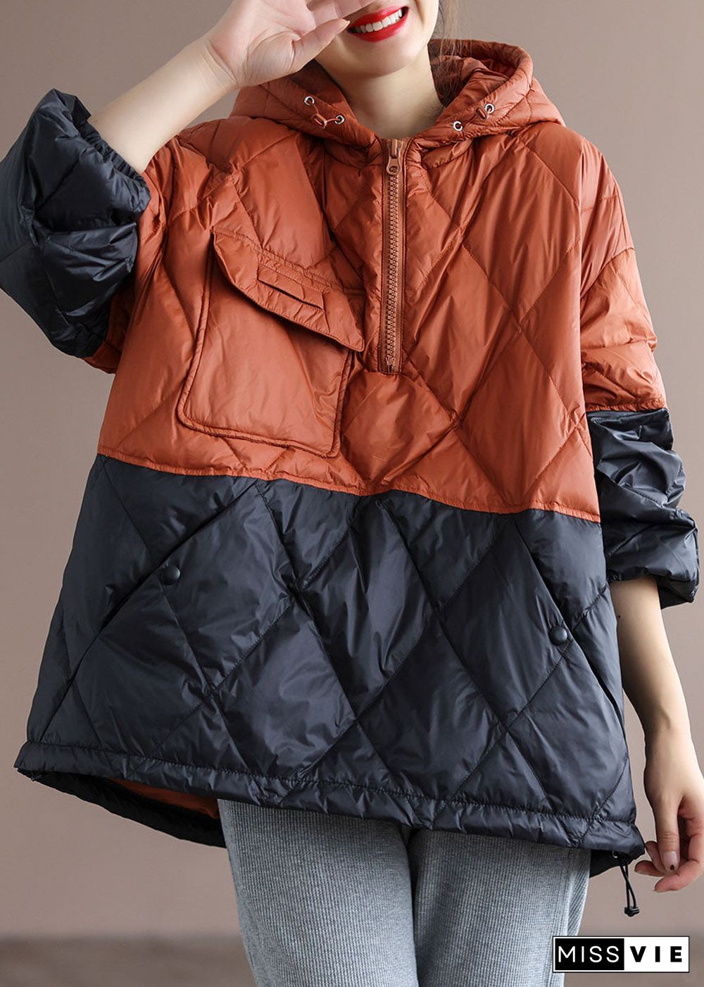 Boho Orange Patchwork Black hooded Loose Winter Down coat