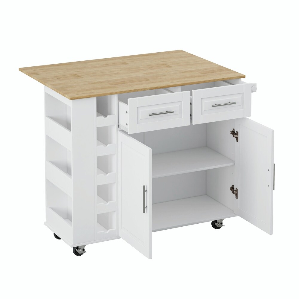 Kitchen Island Cart  2 Door Cabinet  Dual Drawers  Spice Rack  Towel Holder  Wine Rack  Foldable Rubberwood Table