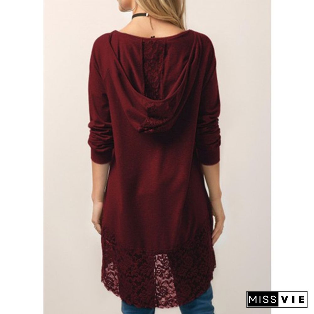 Women Fashion Solid Color Hoodies Long Sleeved T-Shirt Autumn Lace Hooded Sweater Plus Size