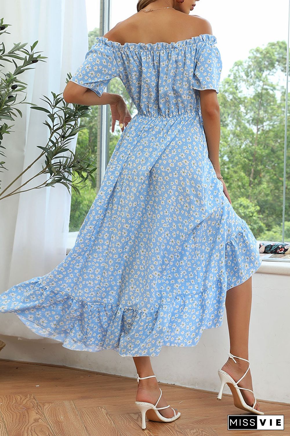 Off Shoulder Ruffled Floral Print Button Dress Wholesale