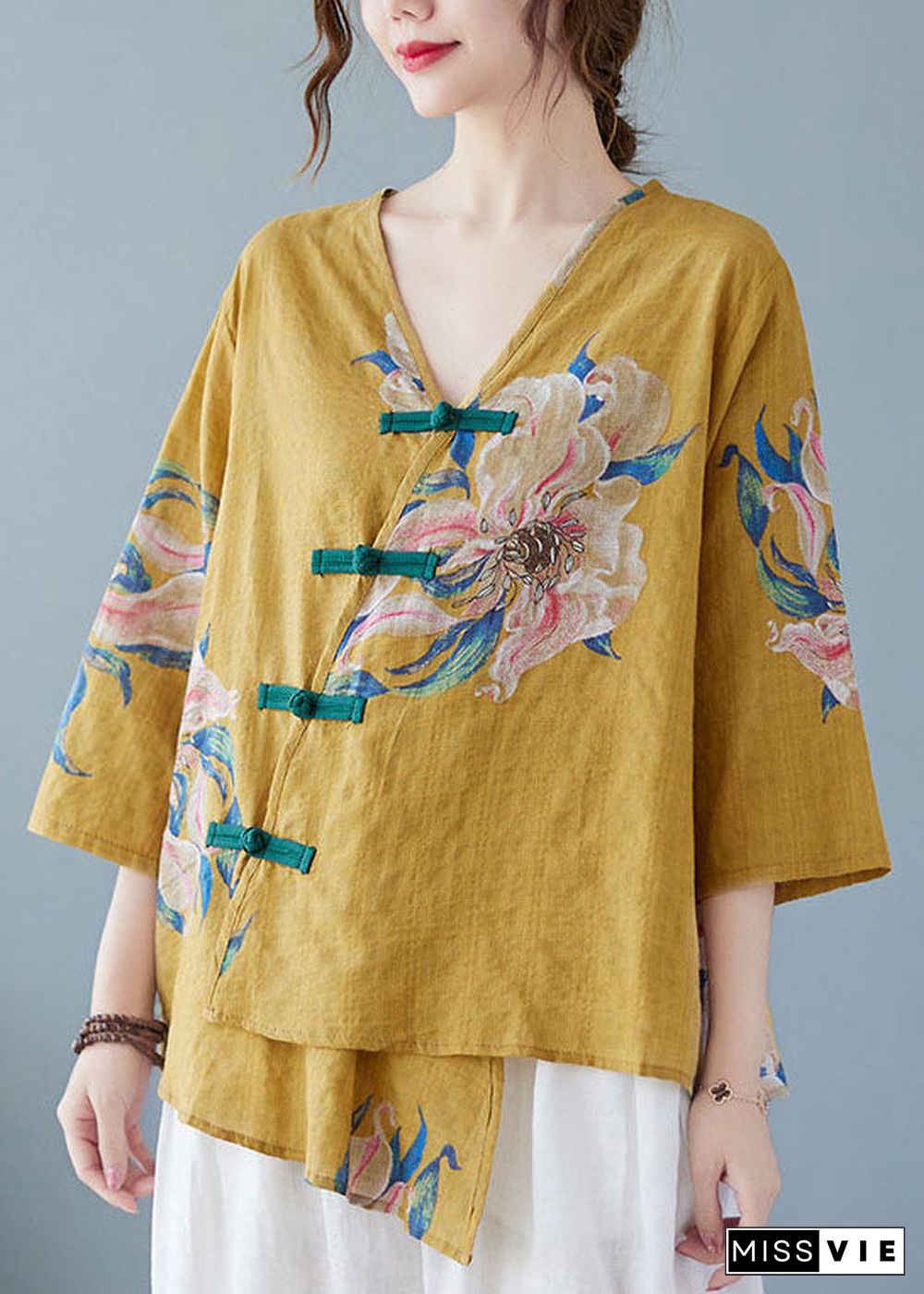 Yellow Button Shirt Tops Asymmetrical Half Sleeve