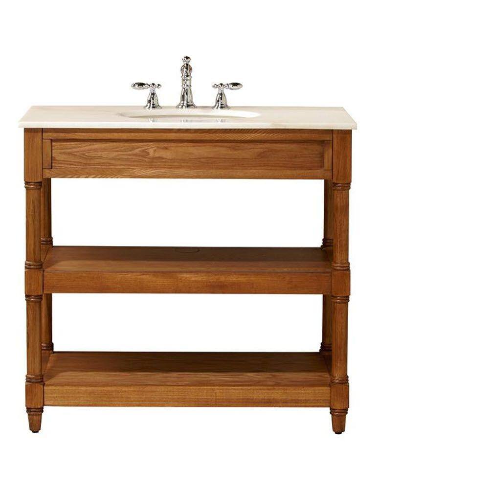 Home Decorators Collection Montaigne 37 in. W x 22 in. D Open Bath Vanity Cabinet in Weathered Oak with Engineered Vanity Top with White Sink 10507-VS36J