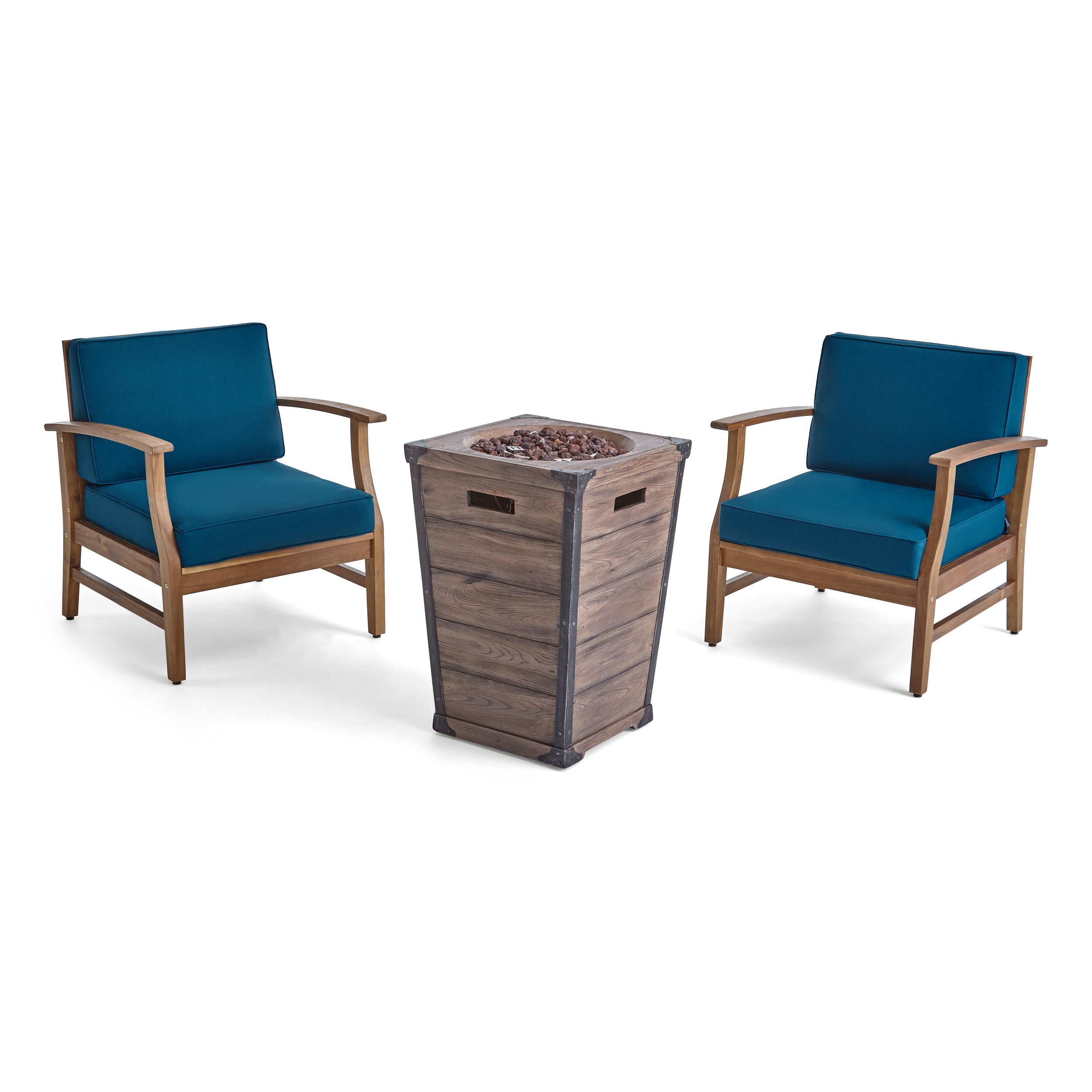 Capri Outdoor 2 Piece Acacia Wood Club Chair Set with Cushions and Fire Column