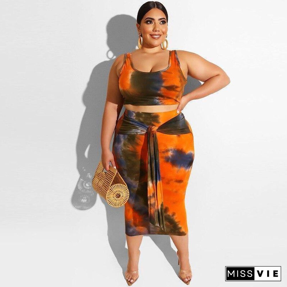 Oversized Skirt and Top Ladies Tracksuits Print Two Piece Set Skirt Set Plus Size Tracksuits Women Sleeveless Crop Tops