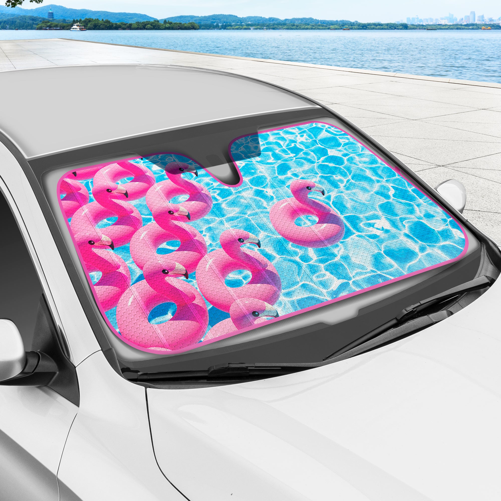 Flamingo Float Front Windshield Sunshade-Accordion Folding Auto Shade for Car Truck SUV-Blocks UV Rays Sun Visor Protector-Keeps Your Vehicle Cool- 58 x 27