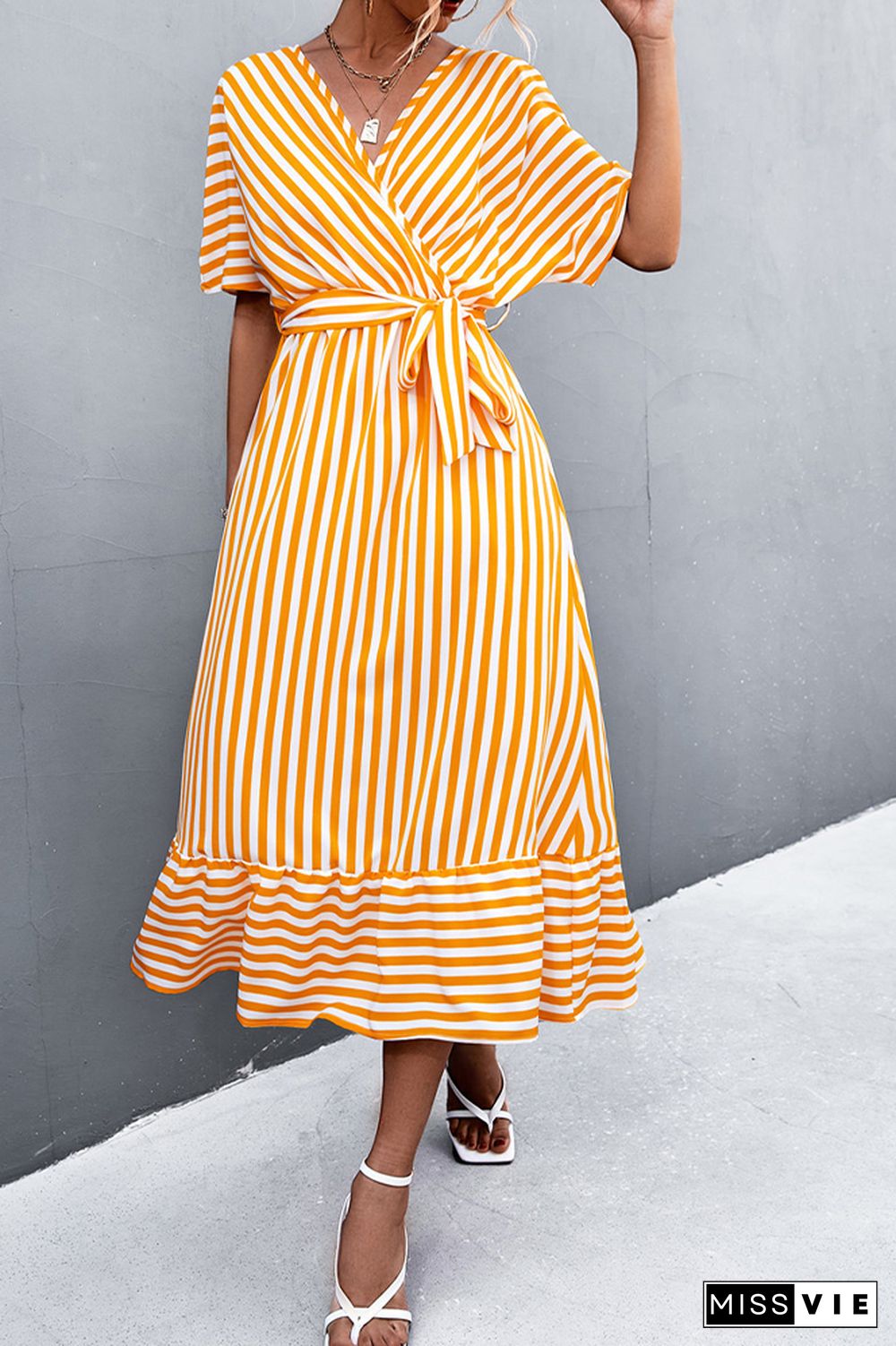 Stripe Print V-neck Short Sleeve Tie Waist Long Dress Wholesale