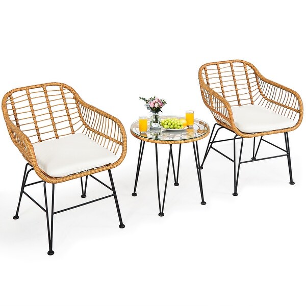 Costway 3PCS Patio Rattan Bistro Furniture Set Cushioned Chair Table