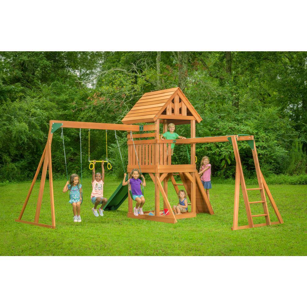 Creative Cedar Designs Mountain View Lodge Playset with Wooden Roof Monkey Bars and Multi-Color Swing Set Accessories and Green Slide 3431