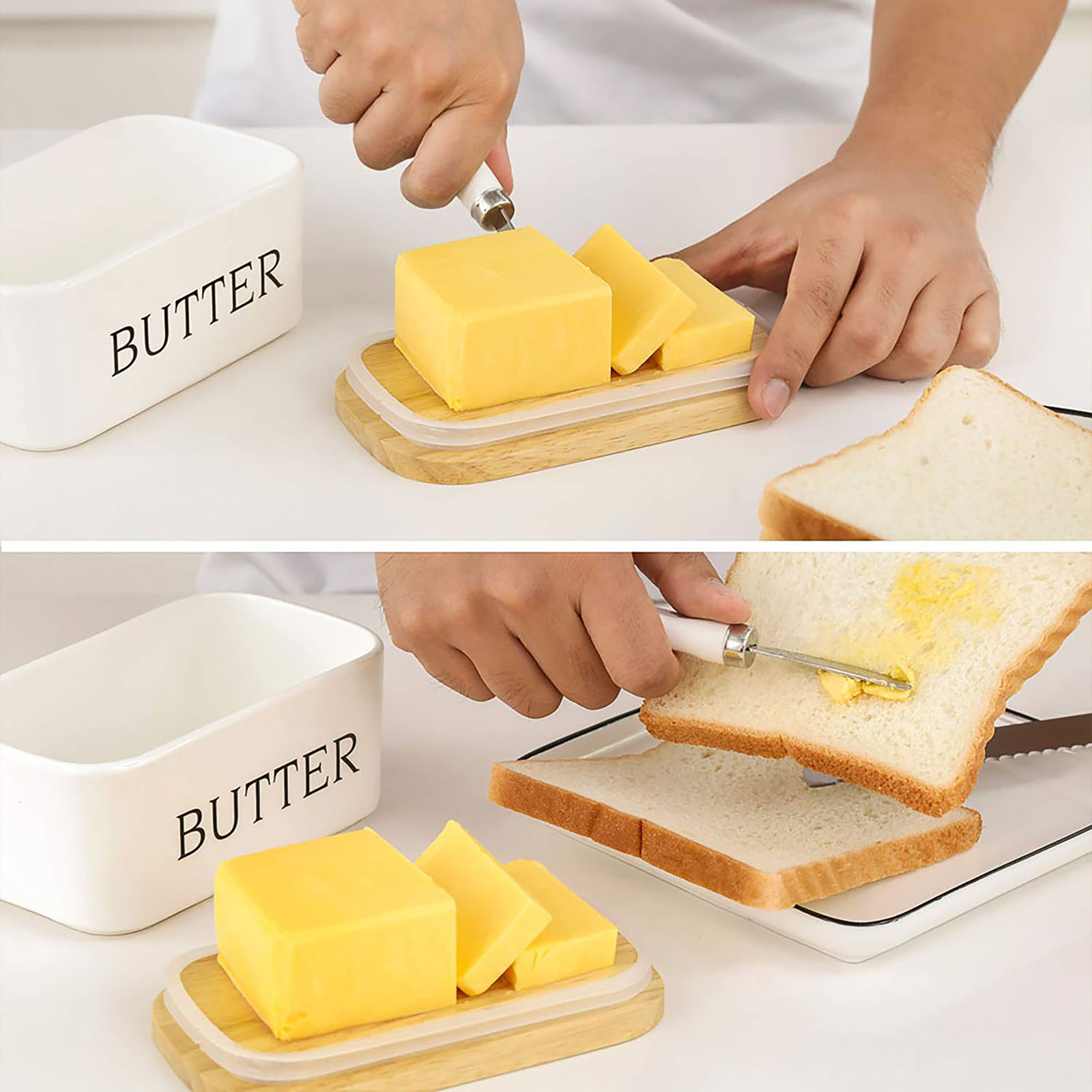 Butter Dish with Knife - Airtight Butter Keeper Holds Up to 2 Sticks of Butter - Porcelain Container with Wooden Lid， White