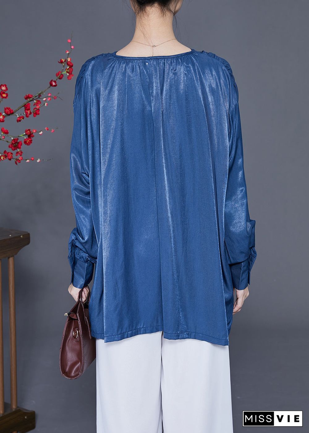 Original Design Blue V Neck Oversized Button Silk Shirt Top Spring