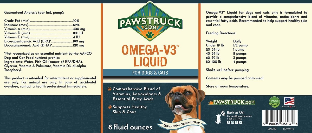 Pawstruck Omega-V3 Liquid Dog and Cat Supplement， 8-oz bottle