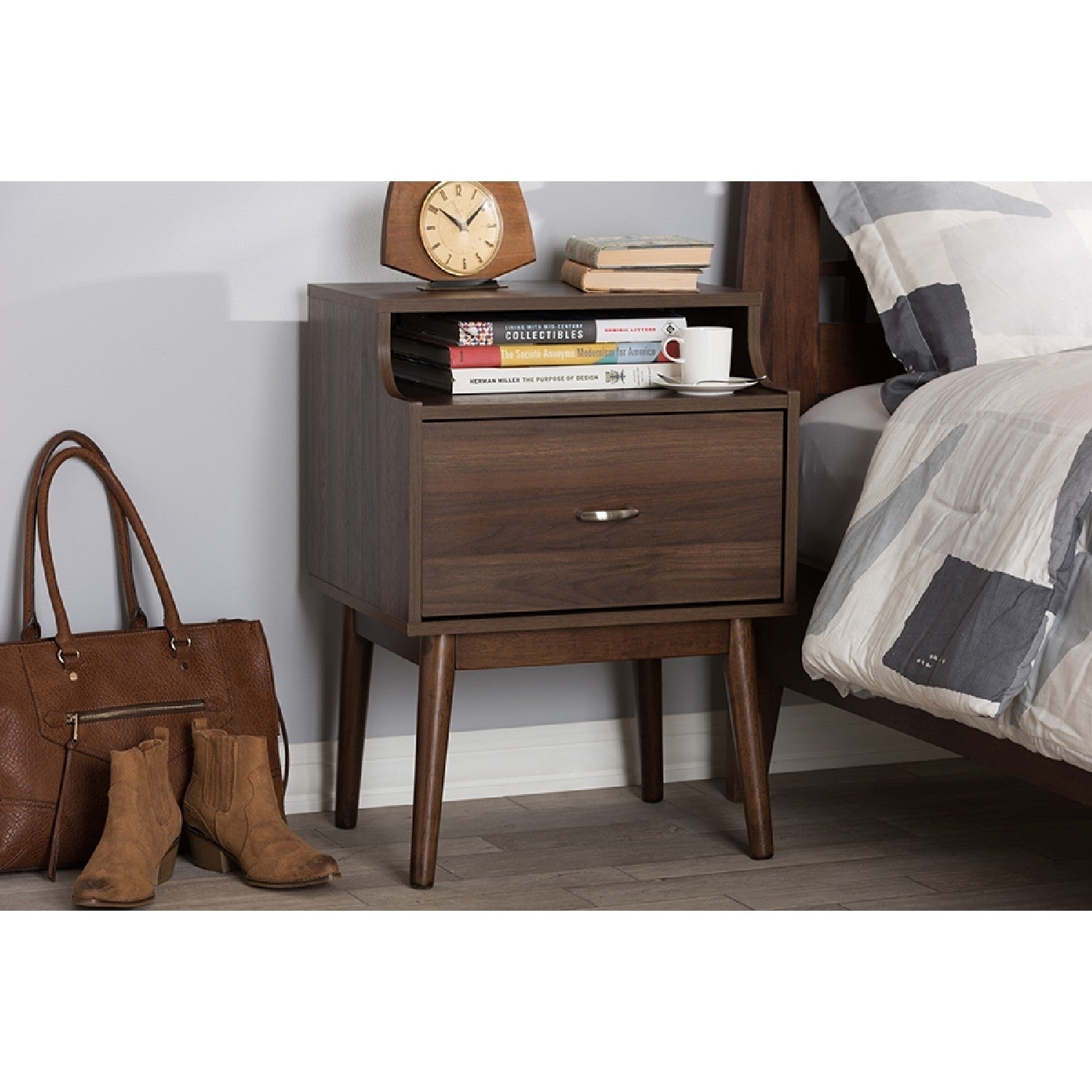 Baxton Studio Disa Mid-Century Modern Walnut Brown Finished Nightstand