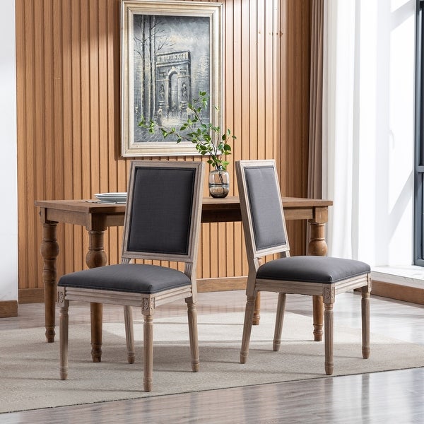 French Style Solid Wood Frame Antique Painting Linen Fabric Square Back Dining Chair(Set of 2)
