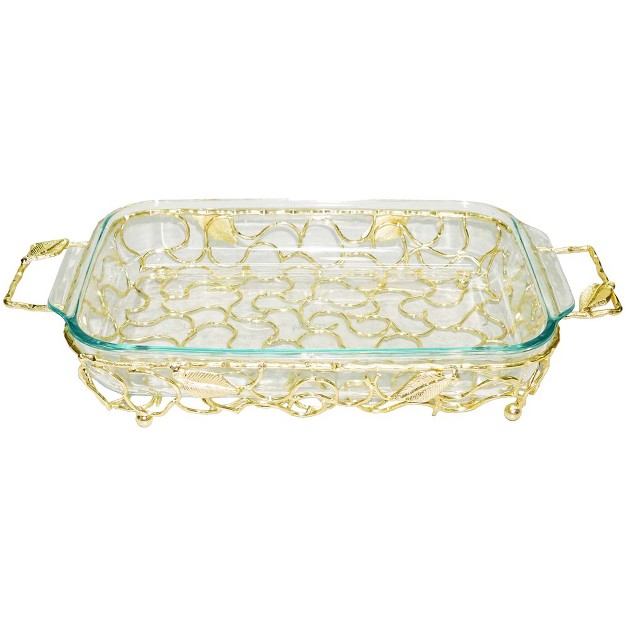 Classic Touch Rectangular Gold Handled Pyrex Holder With Leaf Design