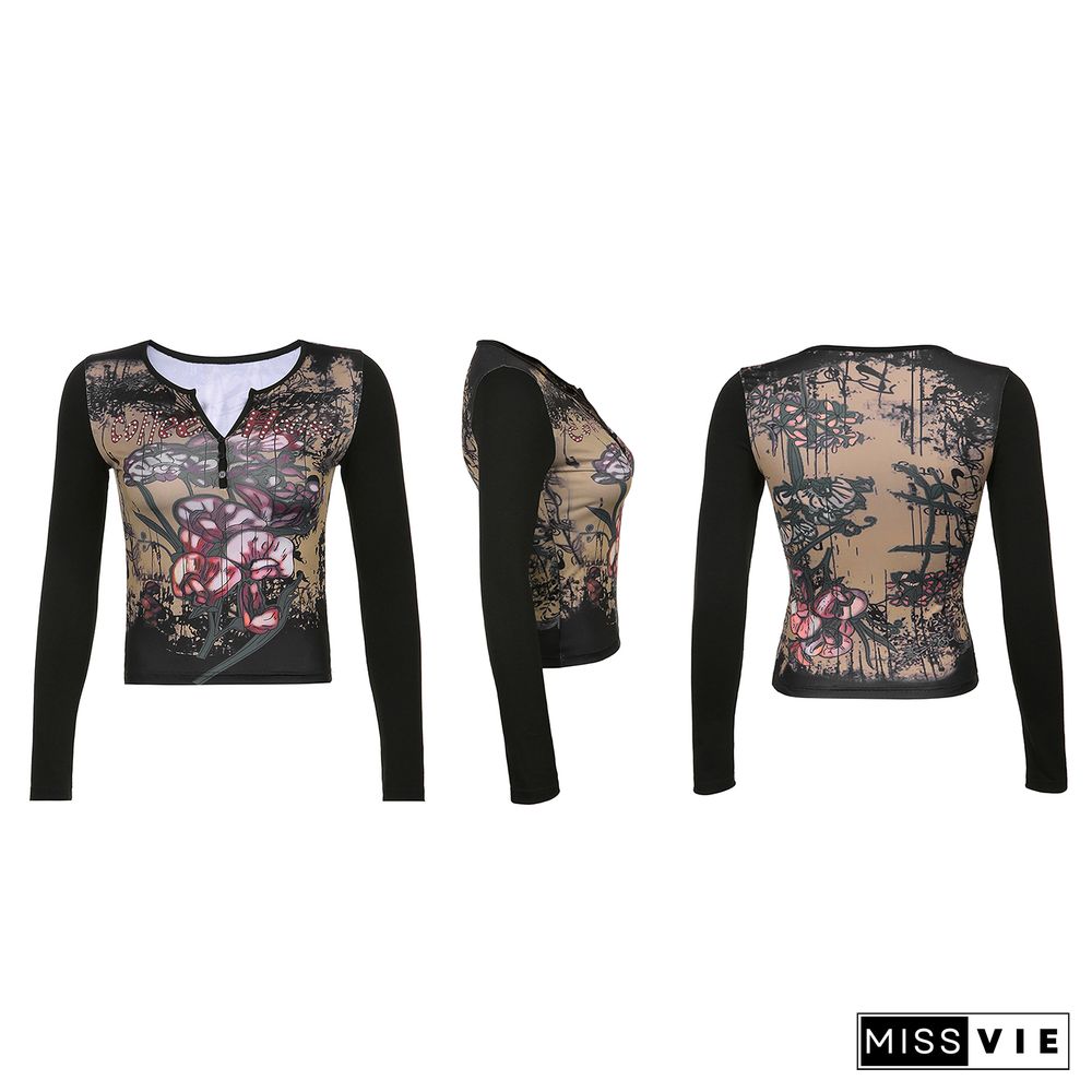 Female Long Sleeve T-shirt Vintage Floral Printing Embroidery Button Cutout V-neck Slim Spring Autumn Casual Basic Crop Tops