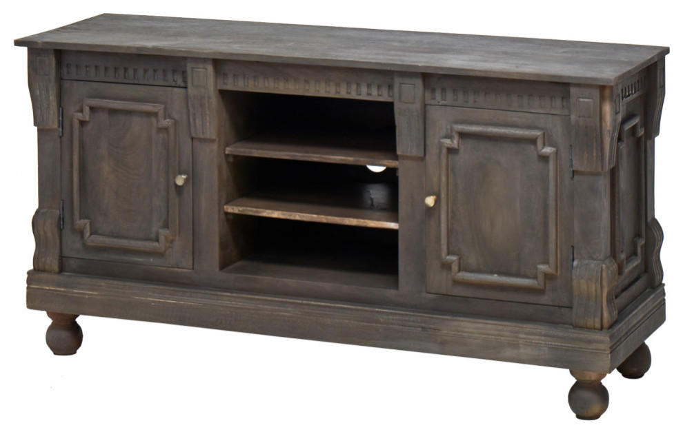 58 quotSolid Wood Hand Carved TV Stand Cabinet Dark Brown   Farmhouse   Entertainment Centers And Tv Stands   by Sideboards and Things  Houzz