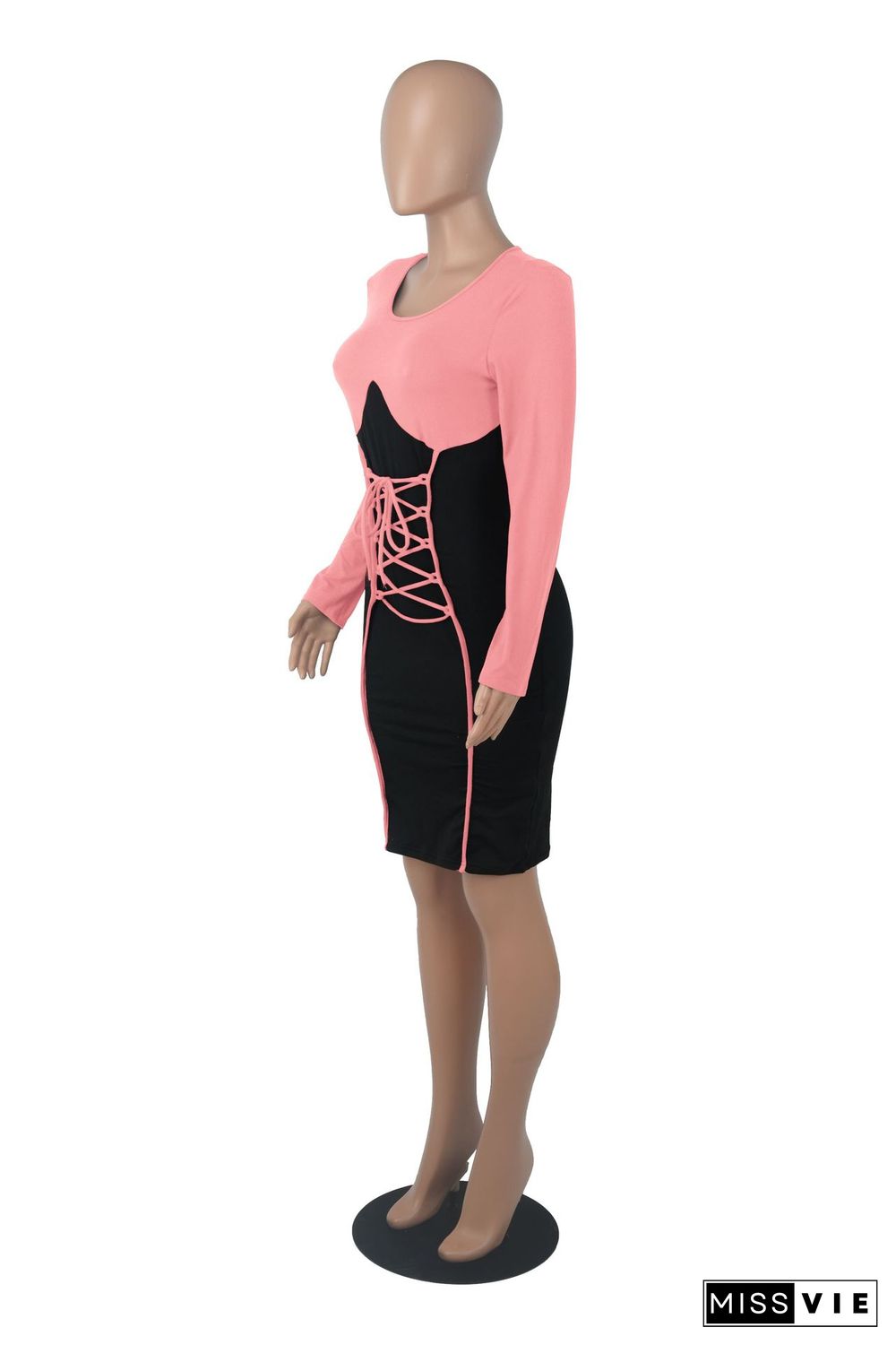 Color Block Long Sleeve Bandage Bodycon Dresses