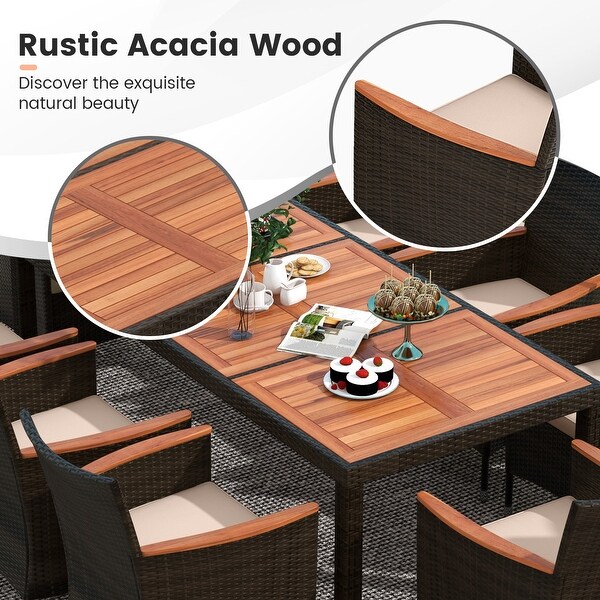 Gymax 9PCS Wicker Dining Set Acacia Wood Table Top Umbrella Hole