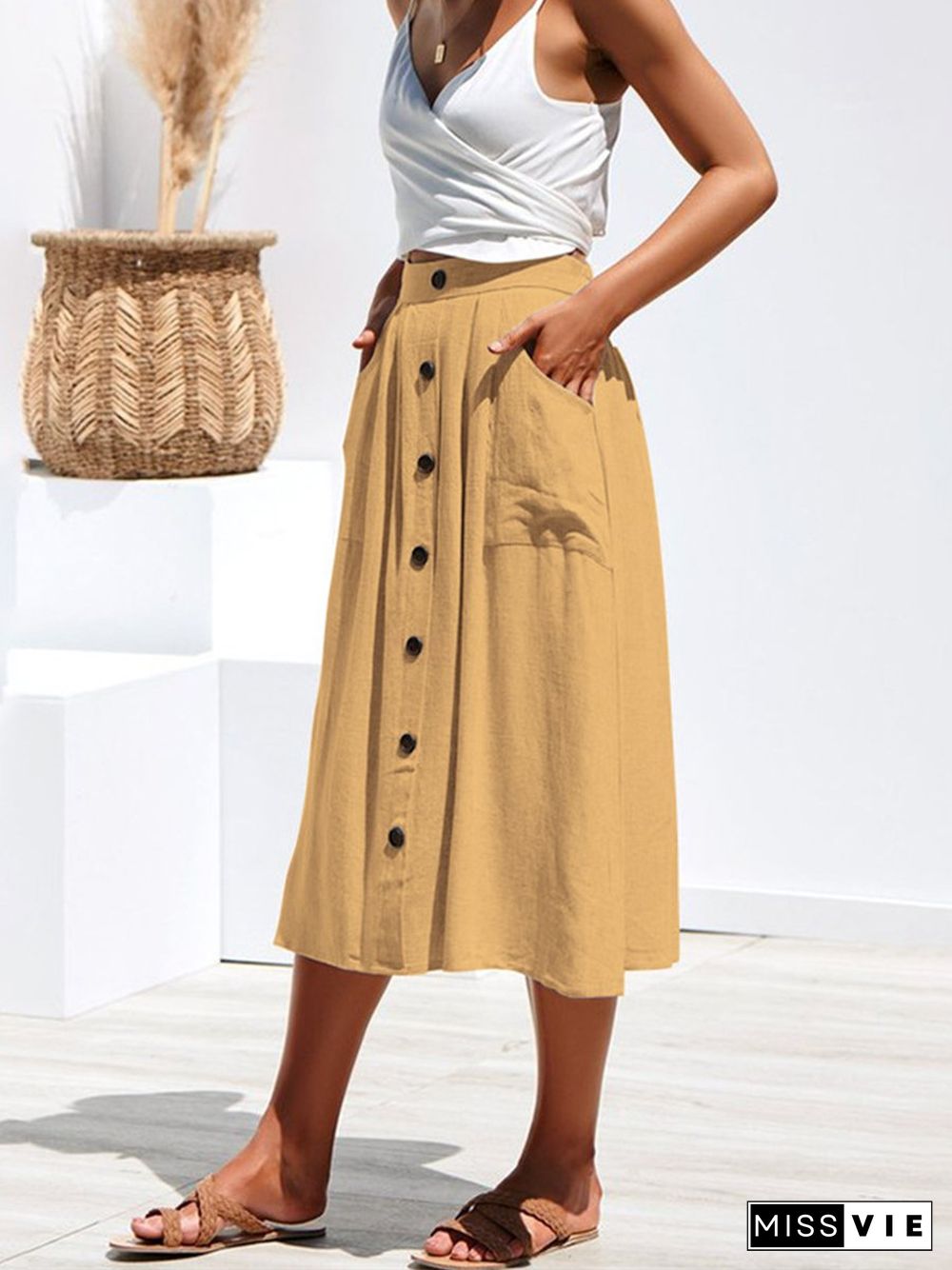 A-Lined Buttons Knee Length Midi Skirt With Pockets