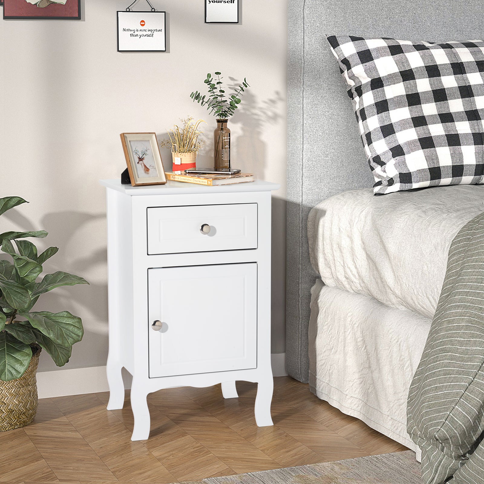 Nightstands Set of 2, Country Style End Table Nightstand Side Table with Drawer and Cabinet, Wood Accent Table with Storage for Bedroom Living Room, White