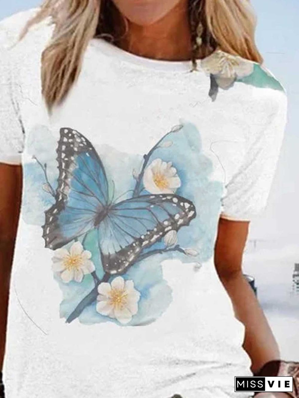 White Casual Short Sleeve Round Neck Patchwork T-shirt