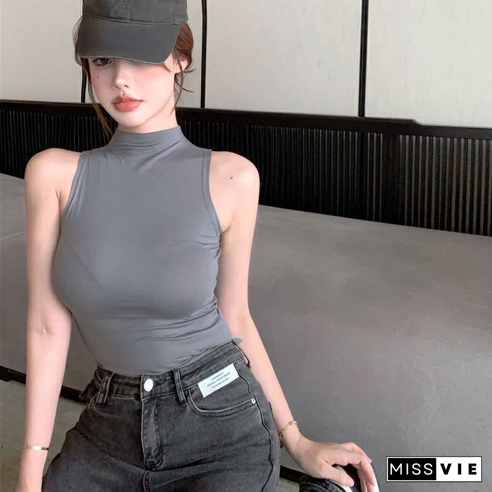 Sexy Tank Top Solid Halter Crop Tops Women Summer Camis Turtleneck Camisole Fashion Casual Tube Female Sleeveless Cropped Vest