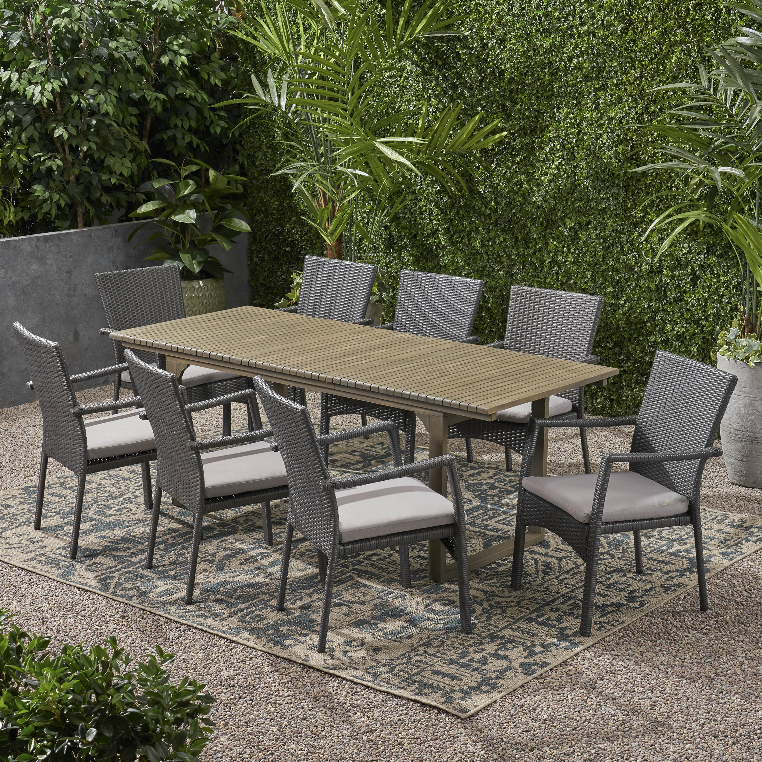 Maise Outdoor 8 Seater Expandable Wood and Wicker Dining Set, Gray