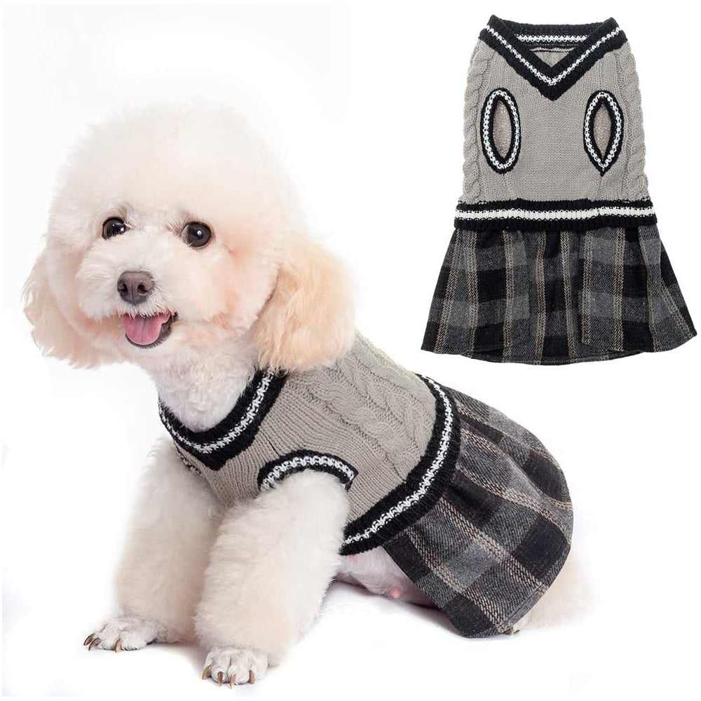 Pupteck Cute Dog Sweater Dress - Warm Pullover Puppy Cat Knit Clothes with Classic Plaid Pattern