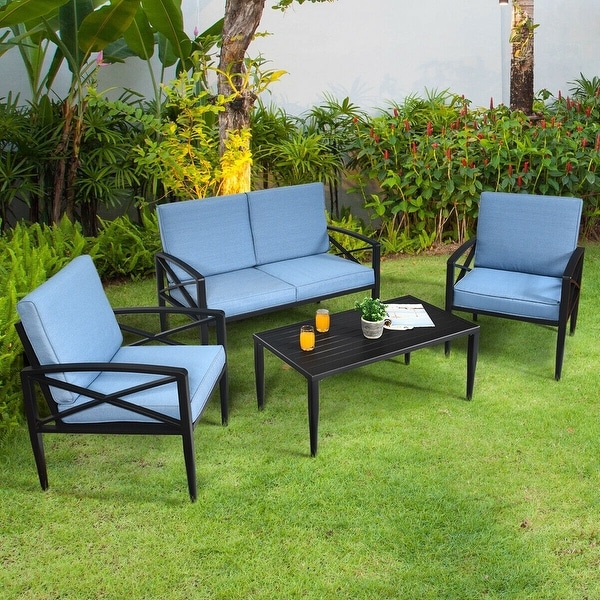 4PCS Patio Furniture Set Aluminum Frame Cushioned Sofa