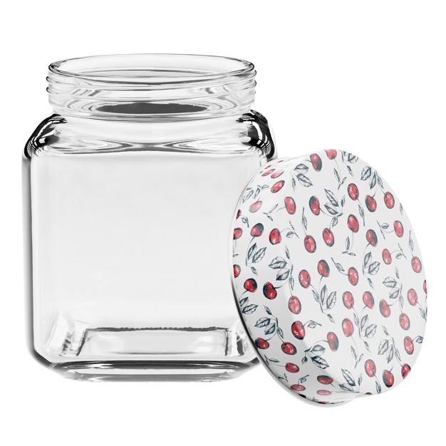 American Atelier Square Clear Glass Jars Set Of 3 Cherry Design On Airtight Lid For Coffee Beans And Dry Goods 45 63 And 74 ounce Capacity