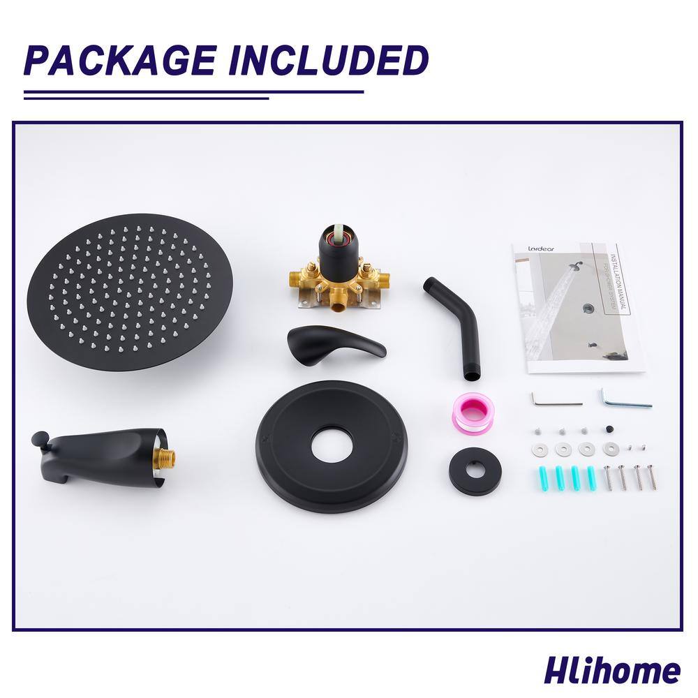 Hlihome Single-Handle 2-Spray 10 in. Wall Mounted Round Tub and Shower Faucet in Matte Black (Valve Included) DKSL-01-MB