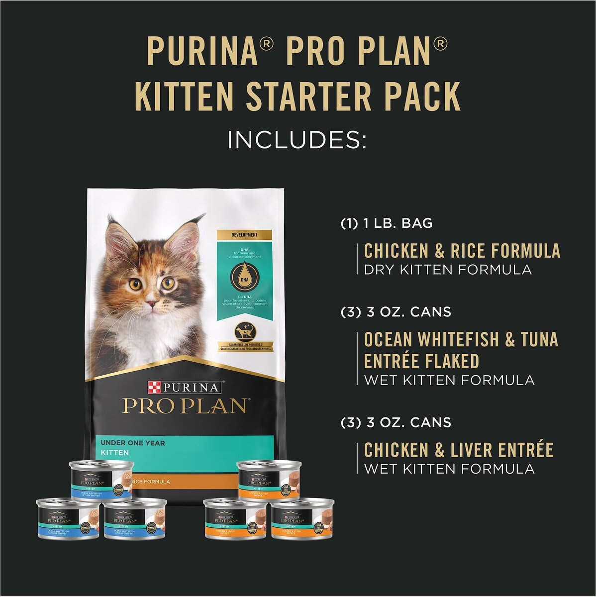 Purina Pro Plan Complete and Balanced Kitten Starter Pack Cat Food， 2.12-lb box