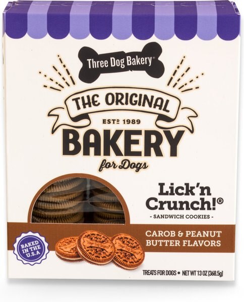 Three Dog Bakery Lick' n Crunch Sandwich Cookies Carob and Peanut Butter Flavor Dog Treats