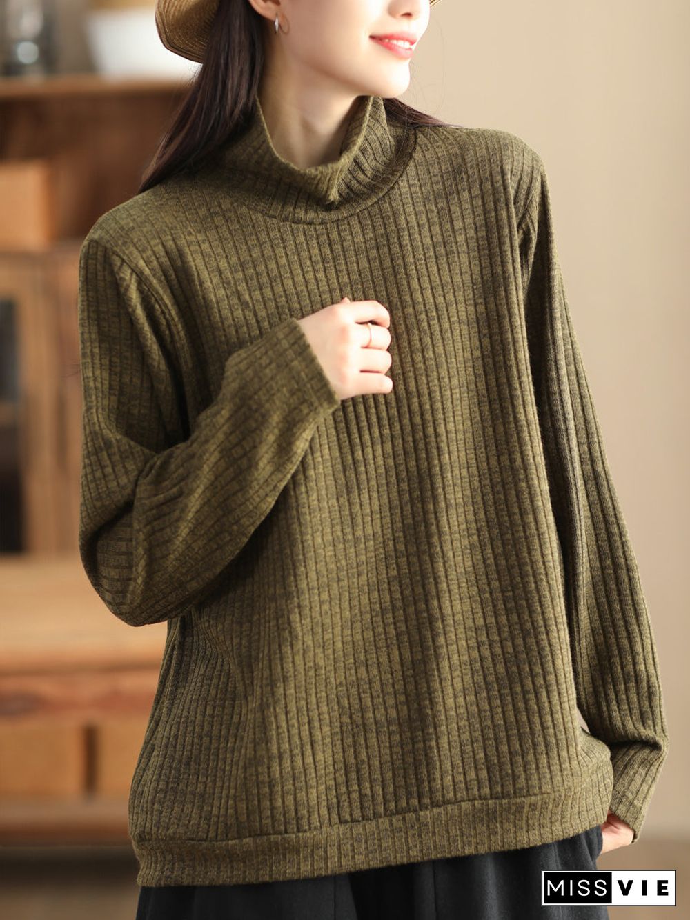 Plus Size Women Vintage Wool Solid Knitted Sweatshirt