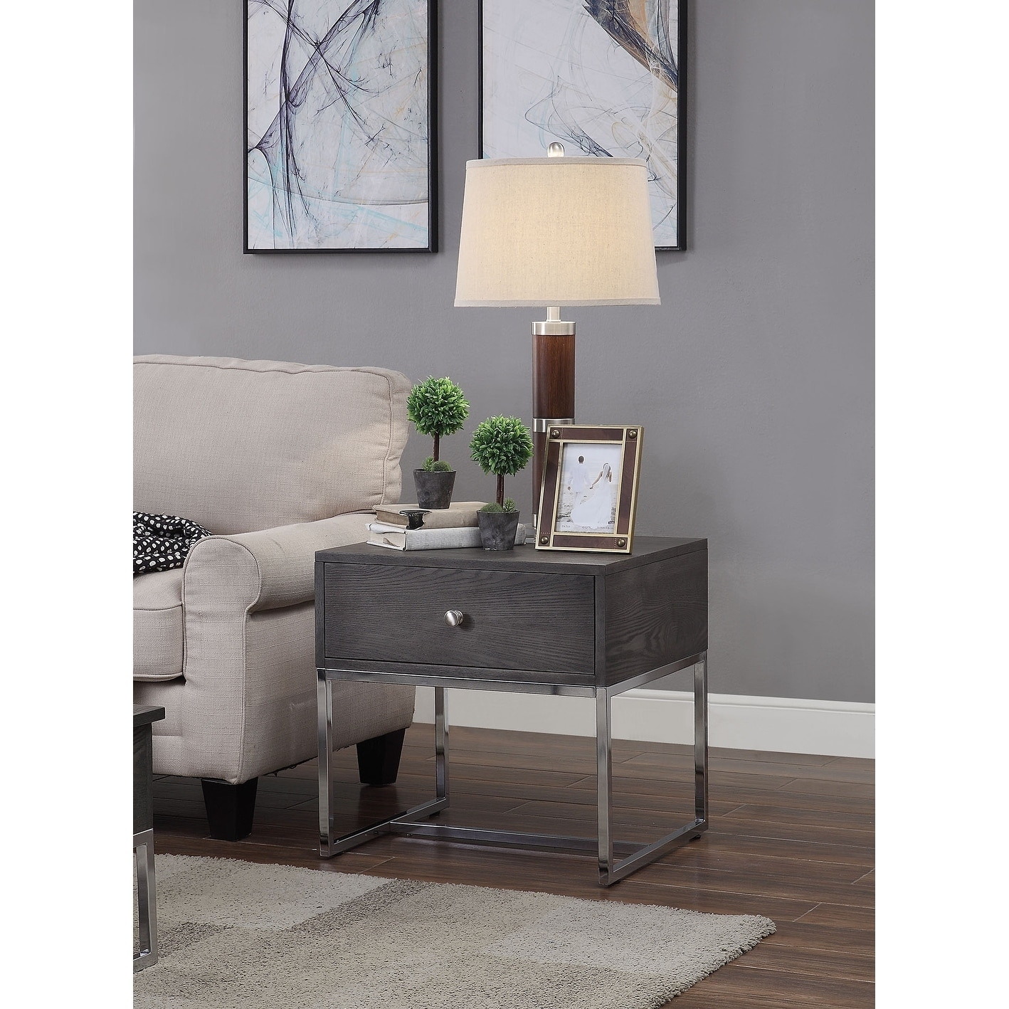 Wooden End Table with Tubular Metal Base and Spacious Drawer， Gray and Silver